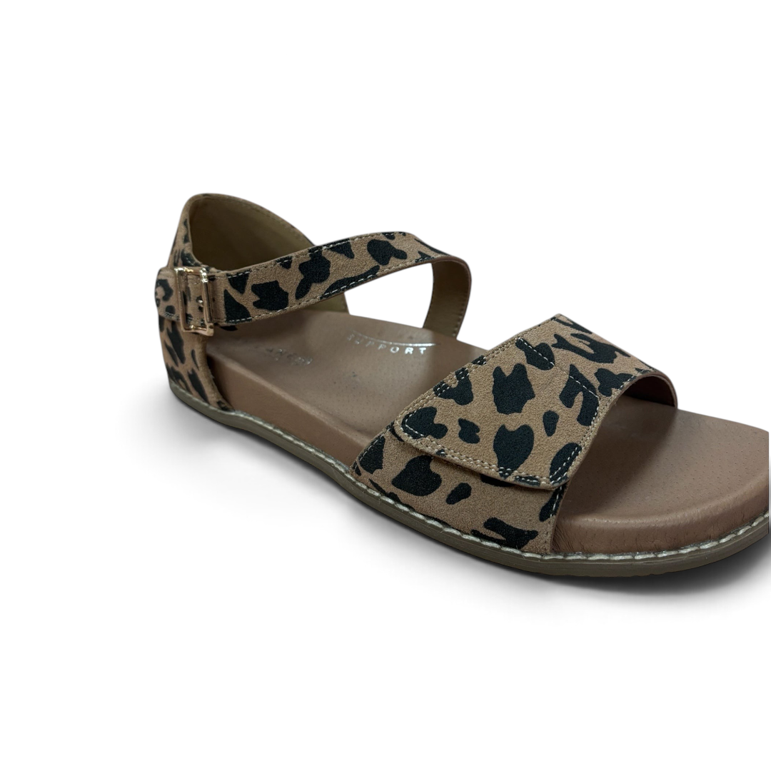 The Happy Shoe Shop Bay Lane Moonta sandals in leopard print with adjustable Velcro straps and cushioned arch support.