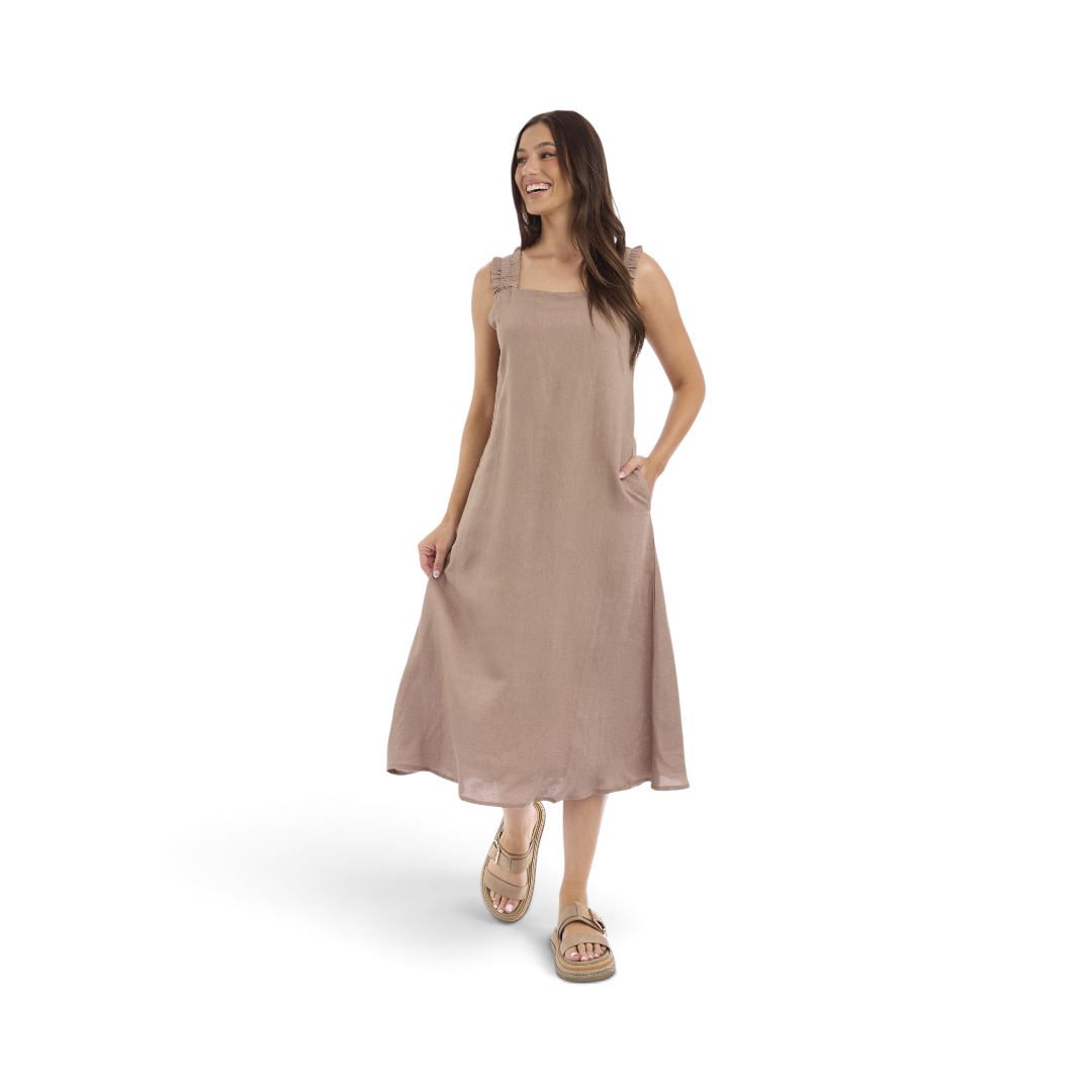 Model wearing The Happy Shoe Shop Orientique Escape linen blend midi dress with ruffle straps and side pockets