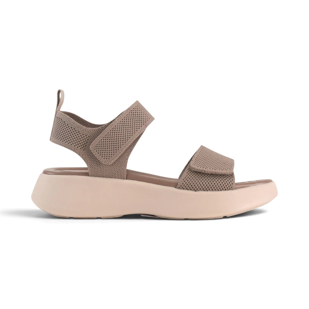 The Happy Shoe Shop Los Cabos Shebe beige platform sandal with breathable knit upper and adjustable Velcro straps.