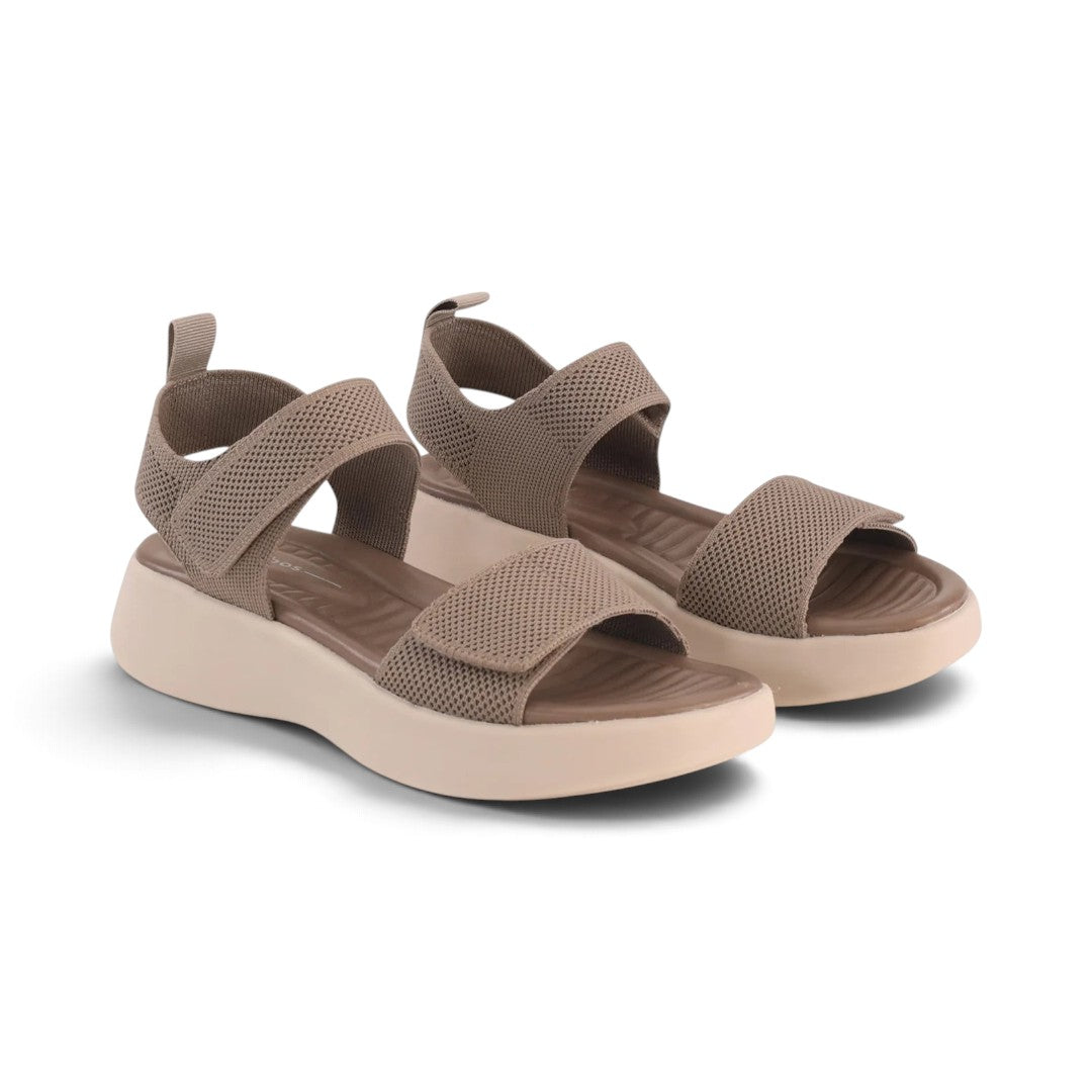 The Happy Shoe Shop Los Cabos Shebe taupe platform sandals with breathable knit uppers and adjustable Velcro straps.