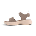 The Happy Shoe Shop Los Cabos Shebe taupe platform sandal with breathable knit upper and adjustable slingback strap.