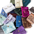 The Happy Shoe Shop MAISON FANLI metallic cowhide leather coin purses in various vibrant colours with snap closures.