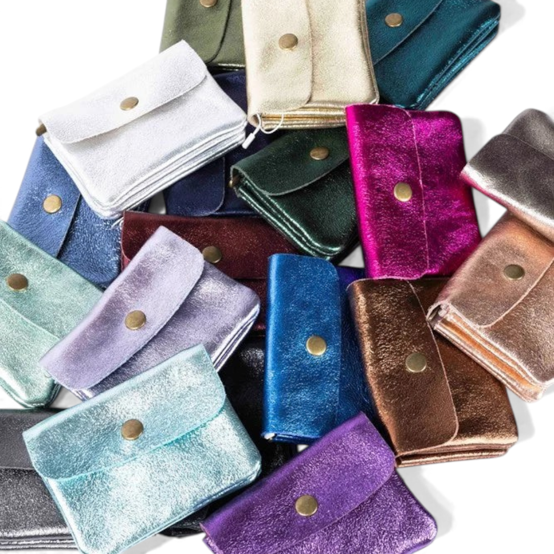 The Happy Shoe Shop MAISON FANLI metallic cowhide leather coin purses in various vibrant colours with snap closures.