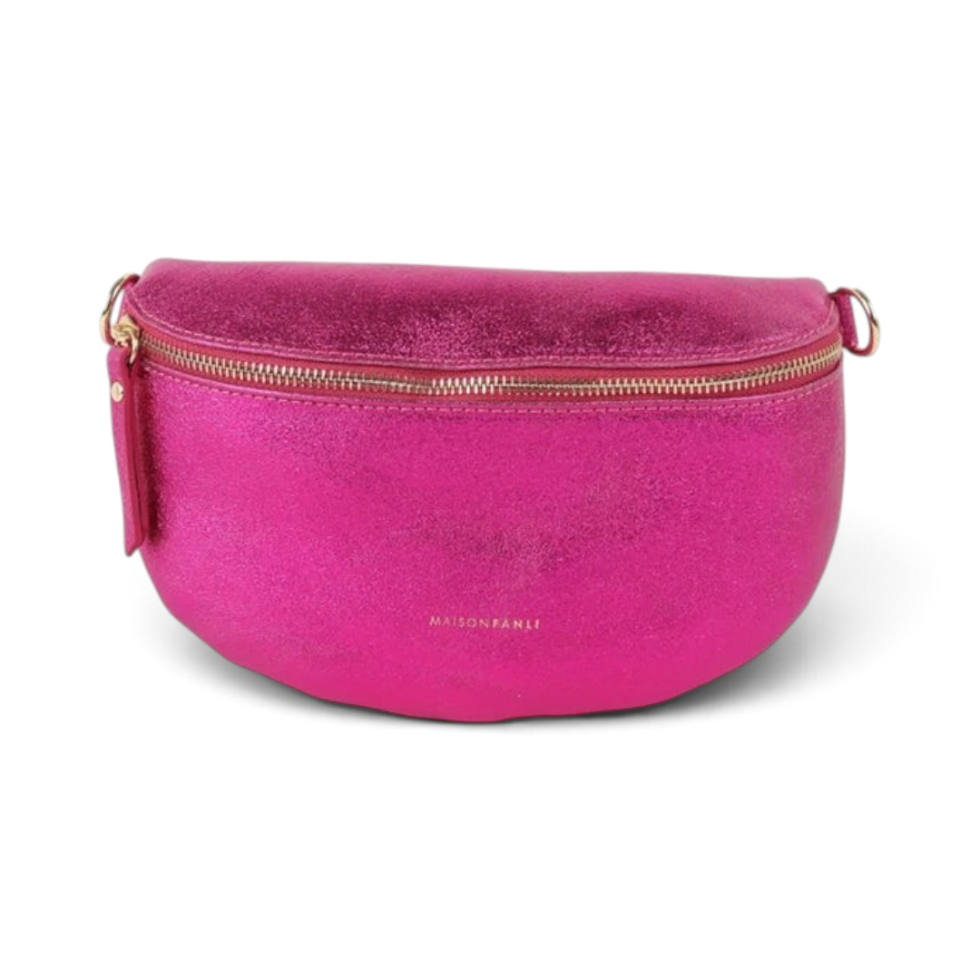 The Happy Shoe Shop MAISON FANLI metallic pink leather bum bag with gold-tone zipper and adjustable strap
