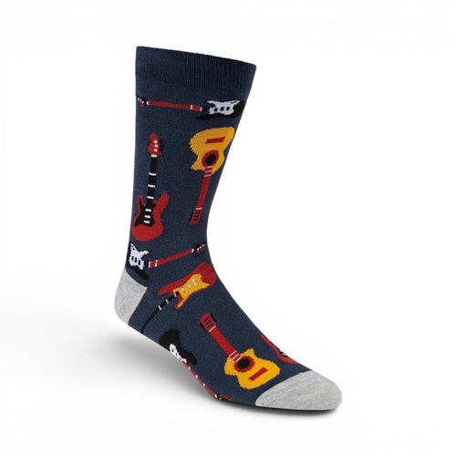 The Happy Shoe Shop Men's navy blue bamboo socks with a pattern of red, yellow, and white guitars. Grey heel and toe.