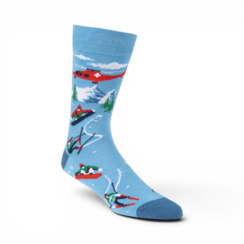 The Happy Shoe Shop Men's Snow Escape bamboo socks in sky blue with skier and helicopter print. 80% bamboo blend.