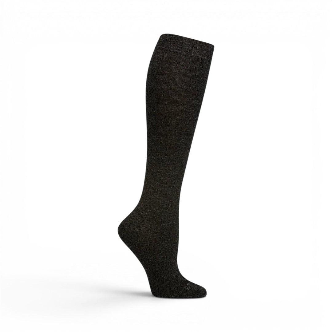 The Happy Shoe Shop Pussyfoot Merino Knee High Socks in charcoal grey, made from merino wool blend with reinforced toe and heel.