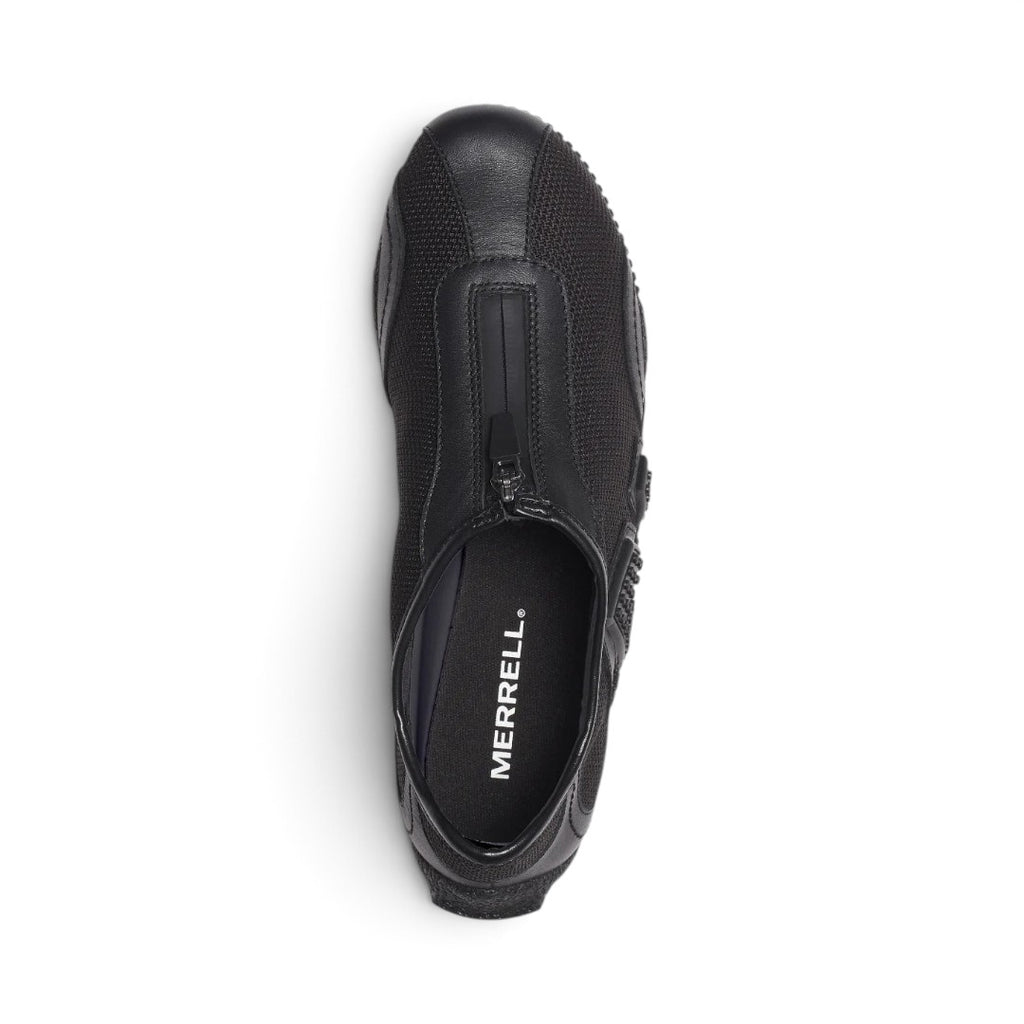 The Happy Shoe Shop Merrell Relay Zip sneaker in black leather and mesh with a convenient side zipper closure.
