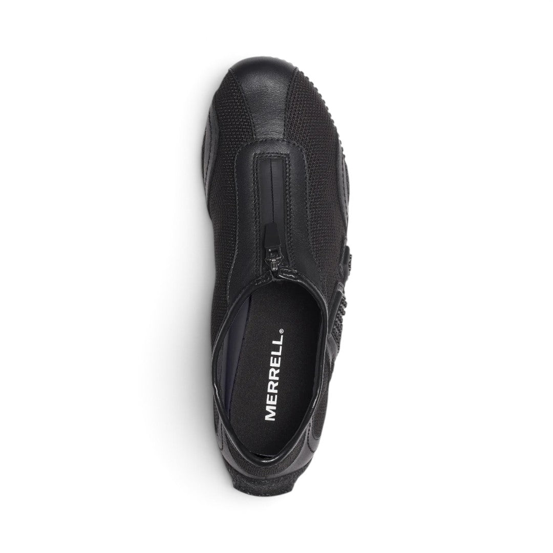 The Happy Shoe Shop Merrell Relay Zip sneaker in black leather and mesh with a convenient side zipper closure.