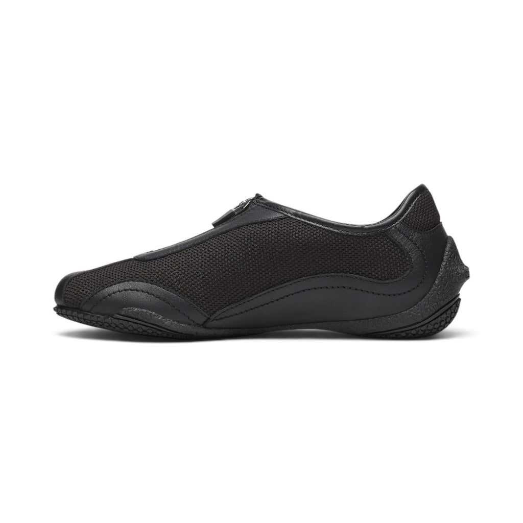 The Happy Shoe Shop Merrell Relay Zip sneaker in black leather and mesh with a side zipper and rubber outsole.
