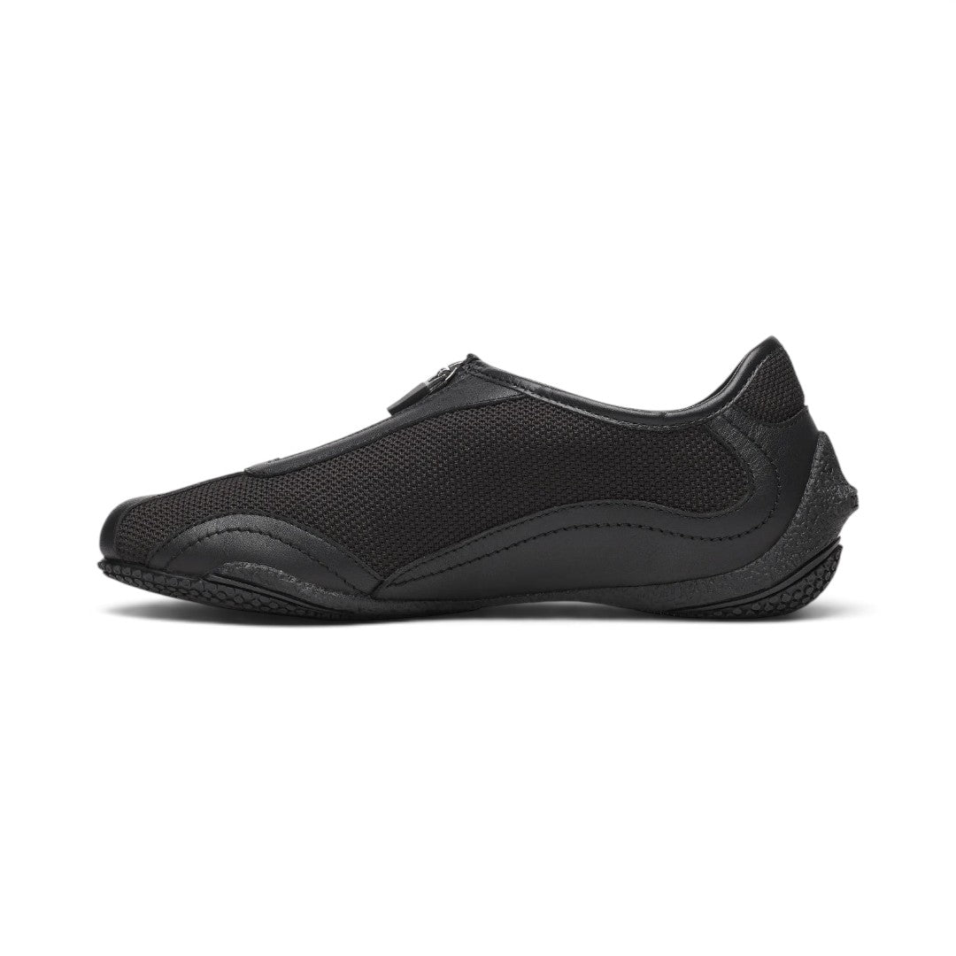 The Happy Shoe Shop Merrell Relay Zip sneaker in black leather and mesh with a side zipper and rubber outsole.