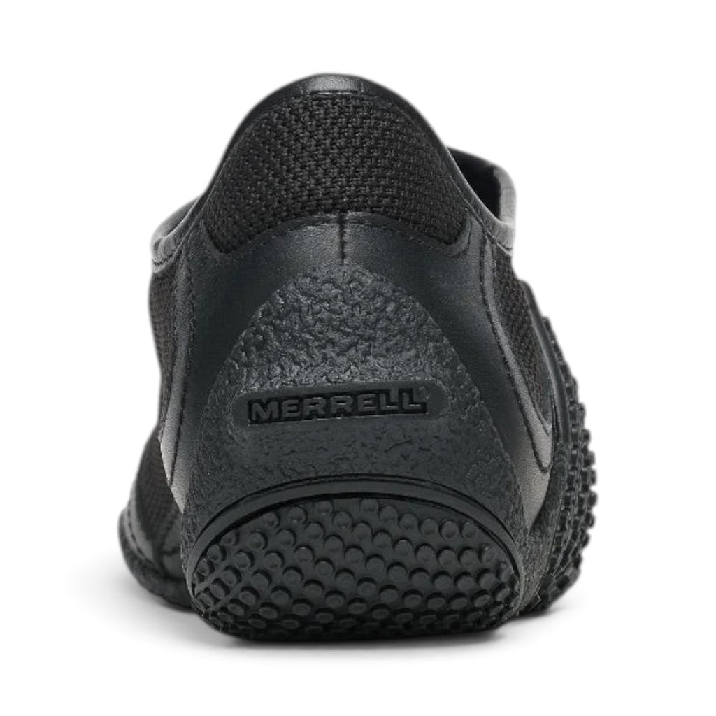 The Happy Shoe Shop Merrell Relay Zip shoe in black, showing the textured rubber heel and branded leather detail.