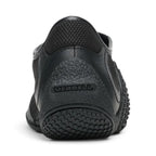 The Happy Shoe Shop Merrell Relay Zip shoe in black, showing the textured rubber heel and branded leather detail.