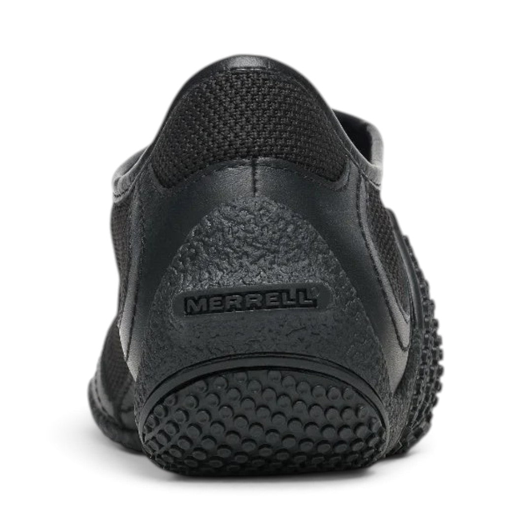 The Happy Shoe Shop Merrell Relay Zip shoe in black, showing the textured rubber heel and branded leather detail.
