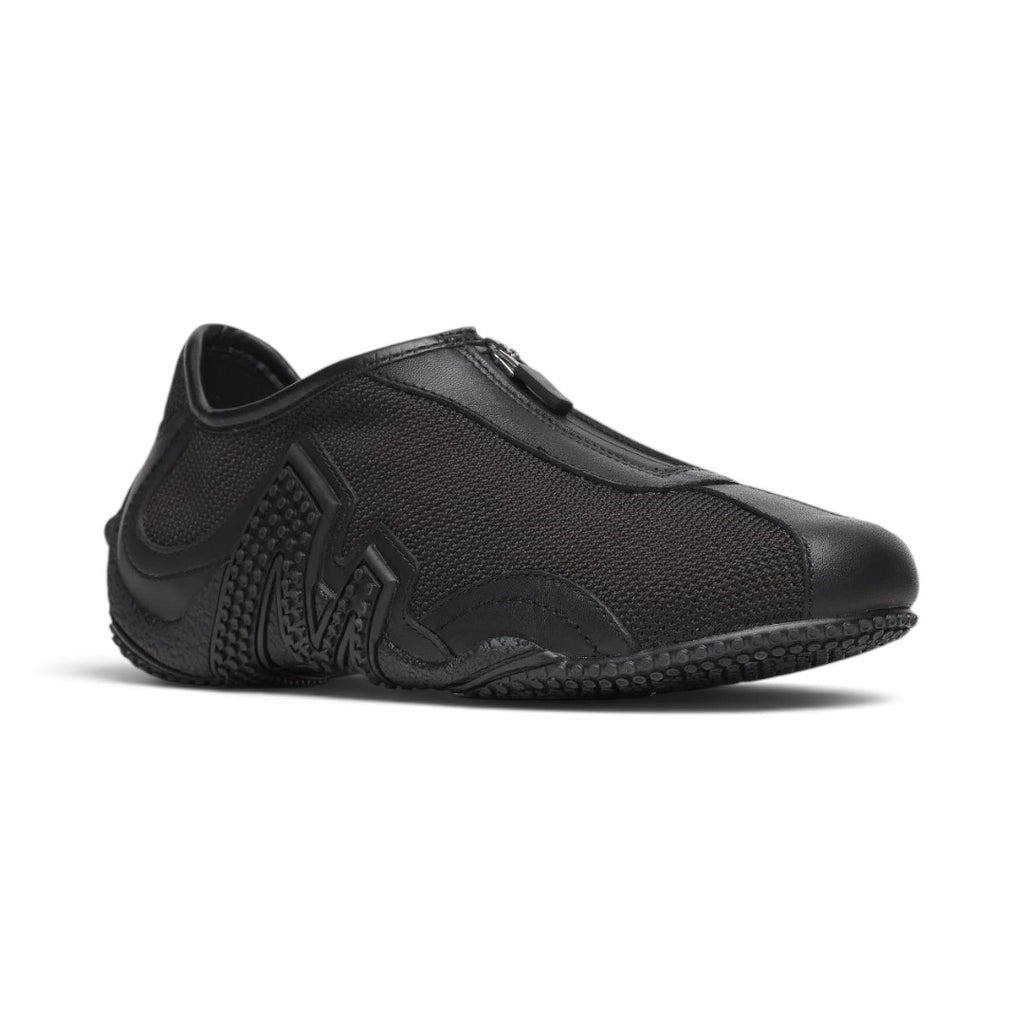 The Happy Shoe Shop Merrell Relay Zip black leather and mesh sneaker with side zipper and textured rubber outsole.