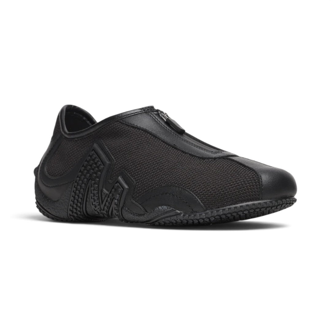The Happy Shoe Shop Merrell Relay Zip black leather and mesh sneaker with side zipper and textured rubber outsole.