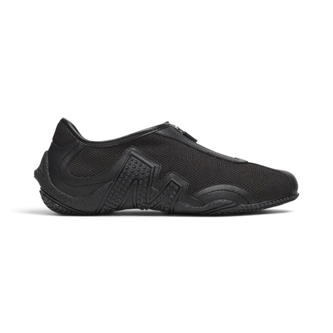 The Happy Shoe Shop Merrell Relay Zip black leather and mesh sneaker with side zipper and textured rubber outsole.