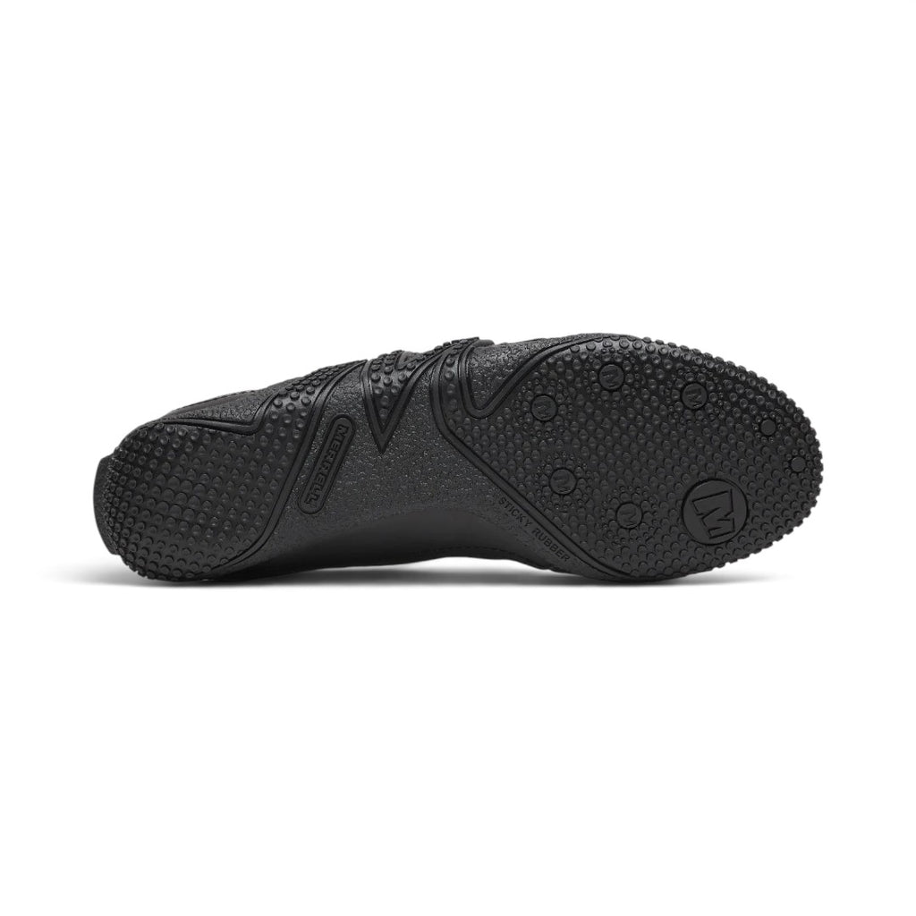 The Happy Shoe Shop Merrell Relay Zip Shoe black sneaker showing the textured rubber outsole and traction pattern.