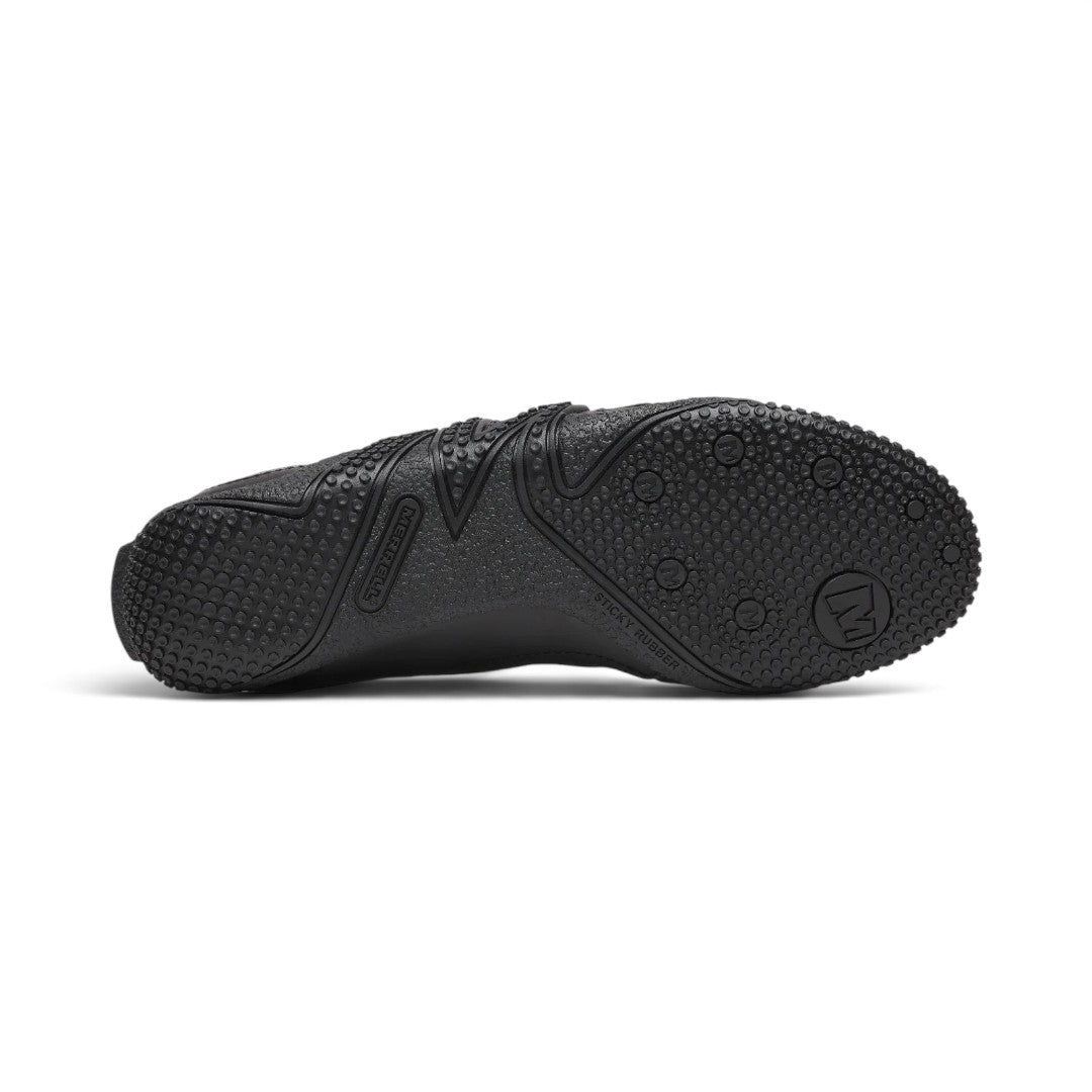 The Happy Shoe Shop Merrell Relay Zip Shoe black sneaker showing the textured rubber outsole and traction pattern.