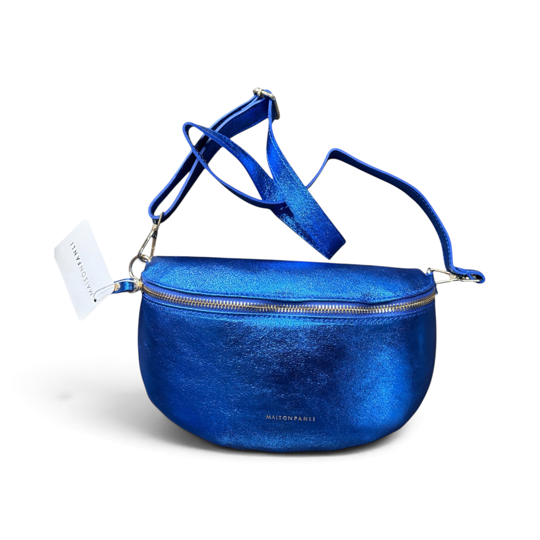The Happy Shoe Shop MAISON FANLI metallic blue cowhide leather bum bag with adjustable strap and gold-tone zipper.