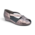 The Happy Shoe Shop Suave Aloha metallic bronze leather peep-toe sandal with elastic straps and anatomic insole.