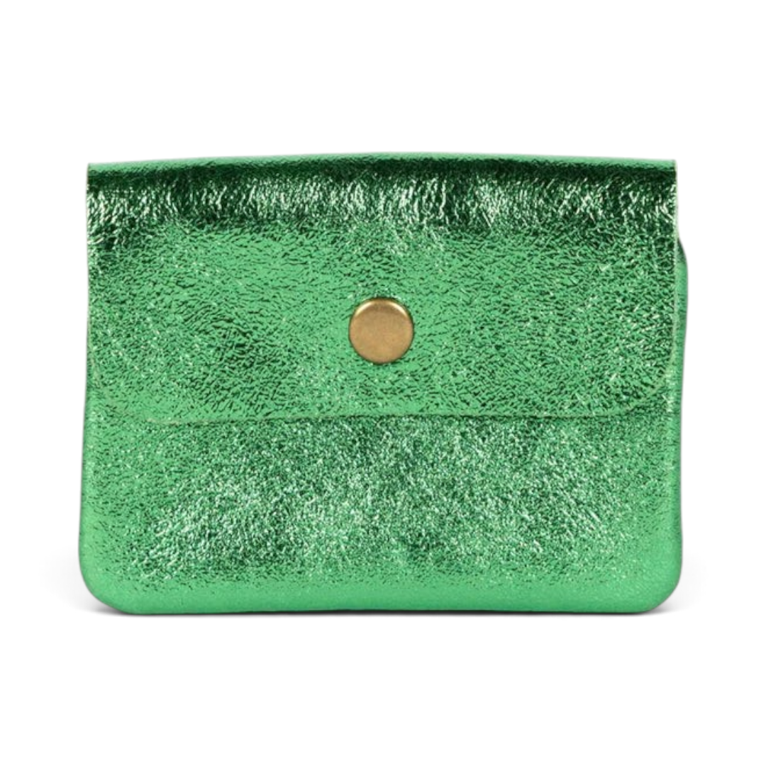 The Happy Shoe Shop MAISON FANLI metallic green cowhide leather coin purse with a snap-button closure.