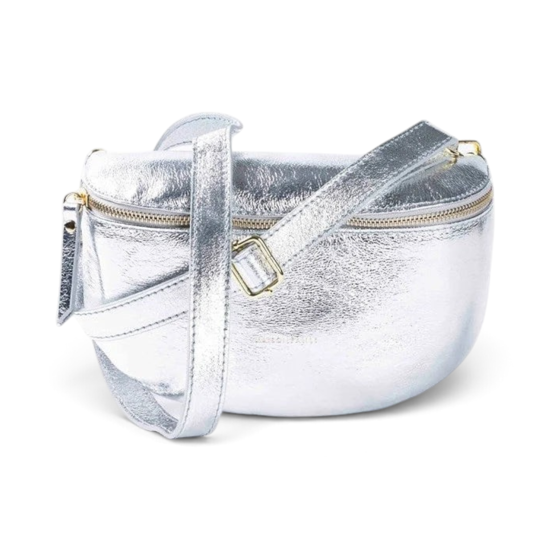 The Happy Shoe Shop MAISON FANLI metallic silver cowhide leather bum bag with adjustable strap and gold hardware.