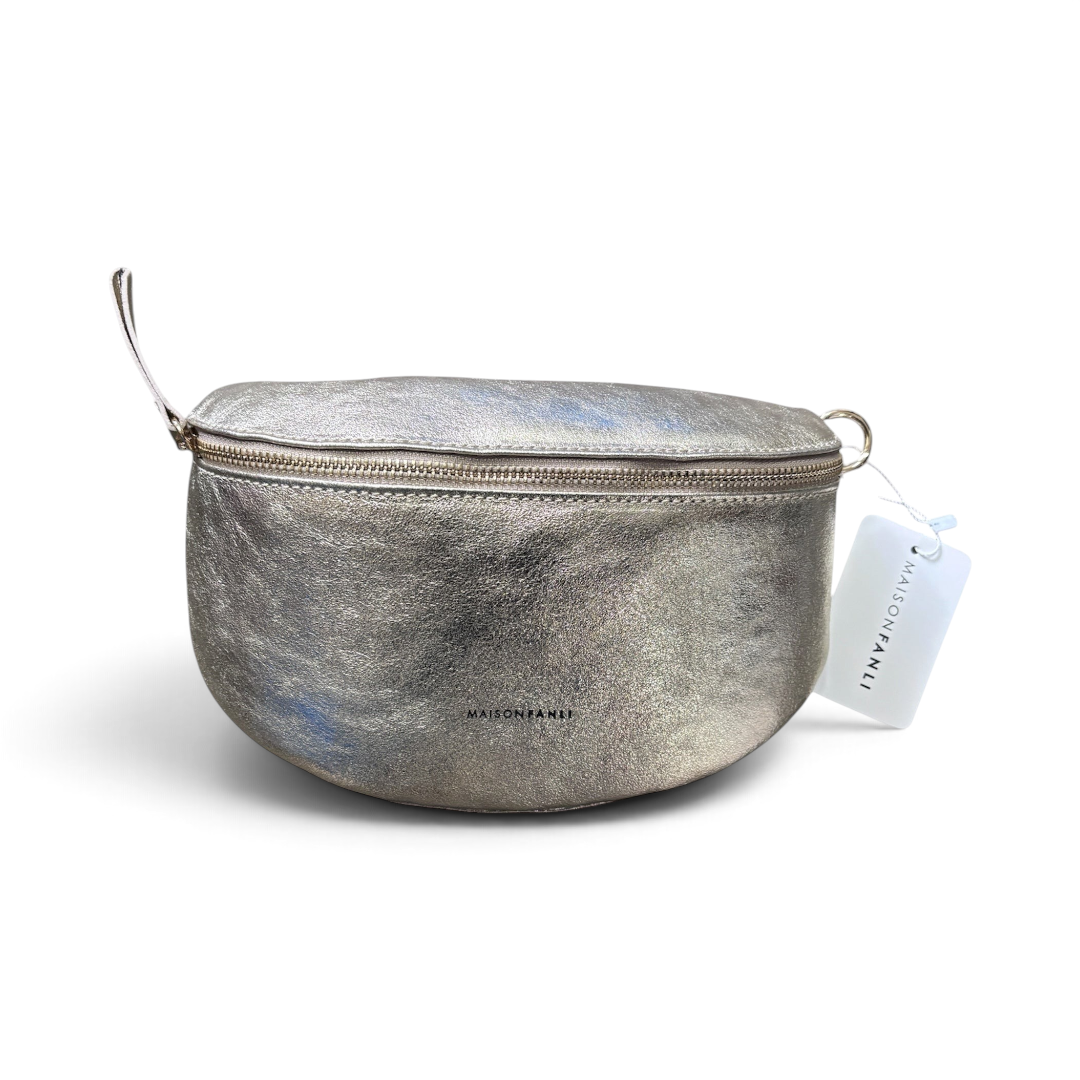 The Happy Shoe Shop MAISON FANLI metallic silver cowhide leather bum bag with a gold-tone zipper and brand tag.