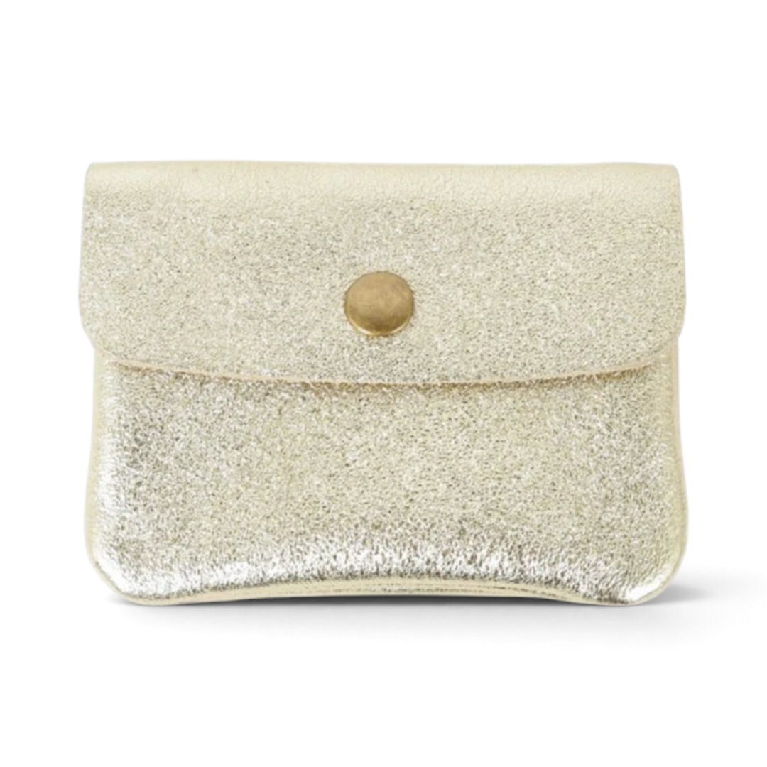 The Happy Shoe Shop MAISON FANLI metallic gold cowhide leather coin purse with a snap-button closure.