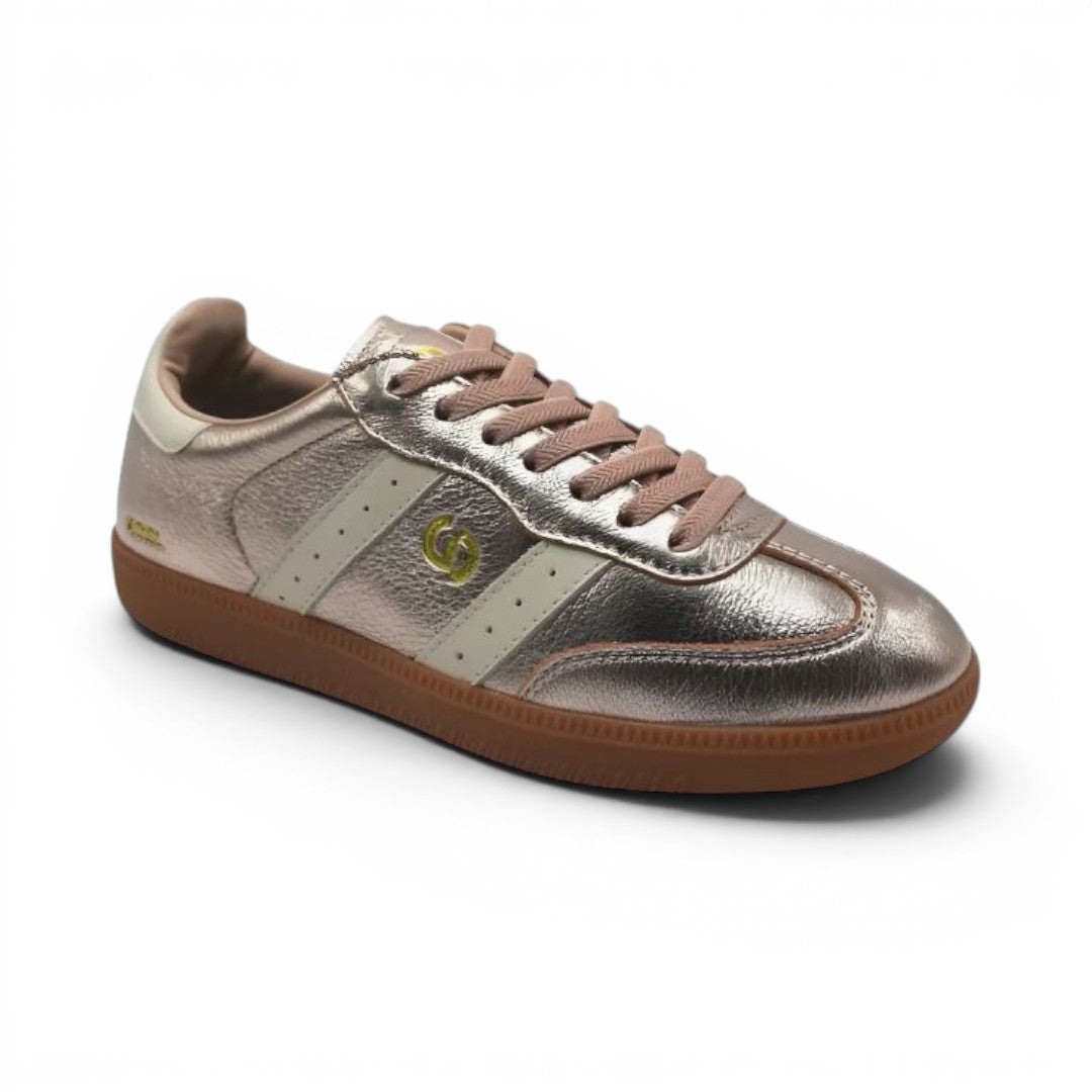 The Happy Shoe Shop Goodsole metallic leather sneakers in rose gold with cream side stripes and gum rubber soles.