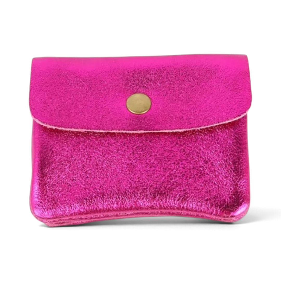 The Happy Shoe Shop MAISON FANLI metallic pink cowhide leather coin purse with a snap-button closure.