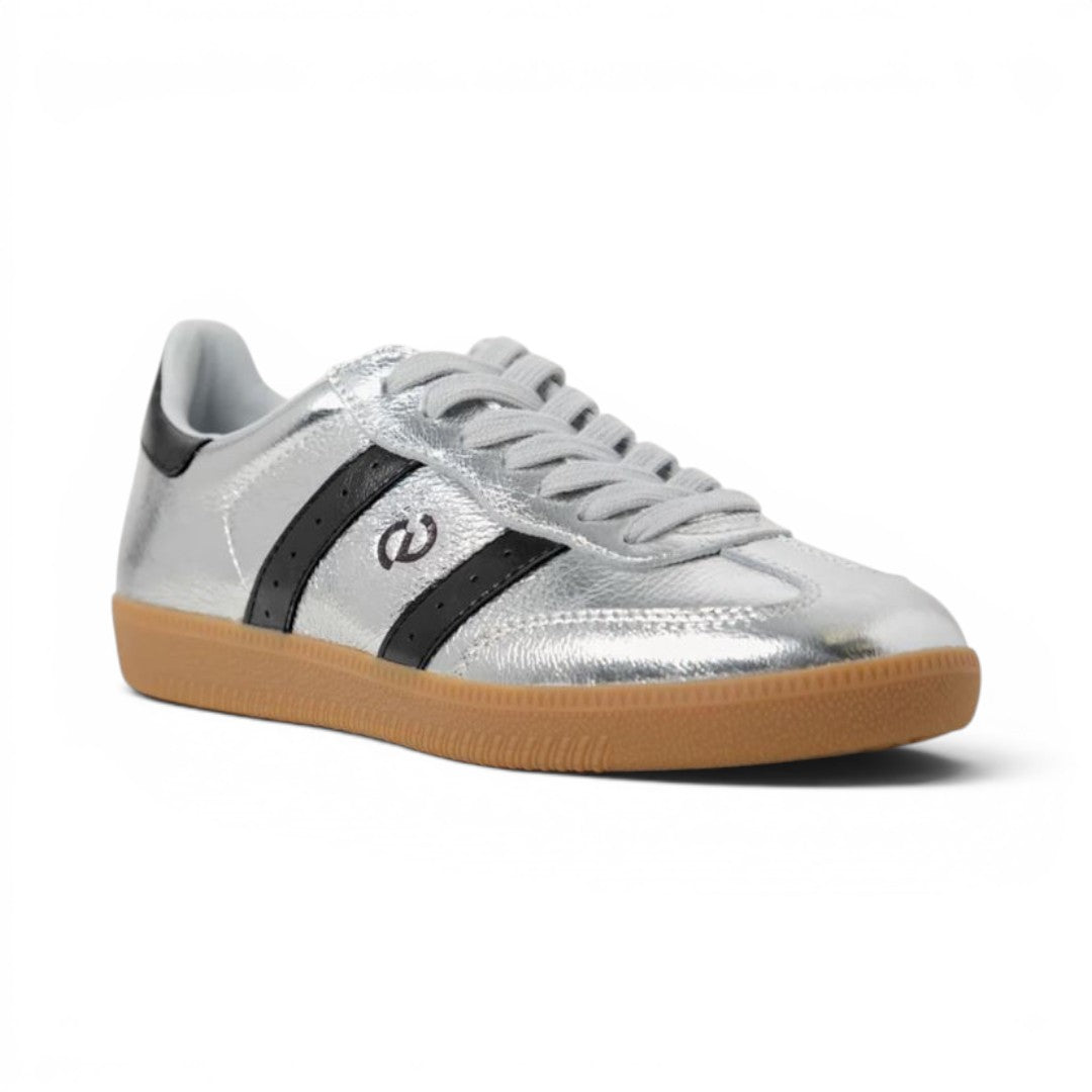 The Happy Shoe Shop Goodsole 2001 metallic silver leather sneakers with black side stripes and a gum rubber sole.