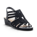 The Happy Shoe Shop Aerocushion Mora black dress wedge sandal with interlaced elastic straps and open-toe design.
