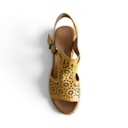 The Happy Shoe Shop Rilassare Petula mustard yellow leather wedge sandals with laser-cut floral pattern