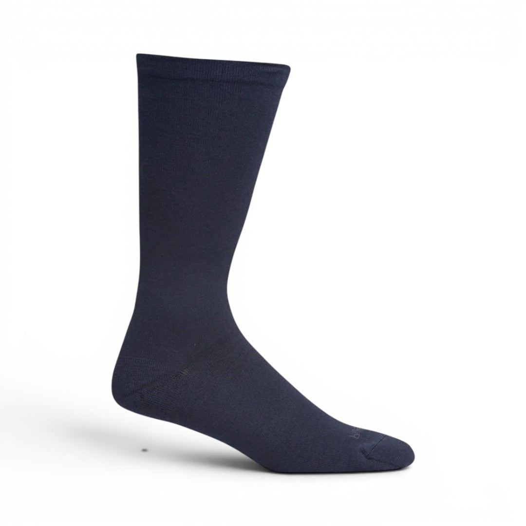 The Happy Shoe Shop Pussyfoot Non-Tight Health Socks in navy blue. Made from bamboo, cotton, and spandex with a loose cuff and reinforced toe/heel.