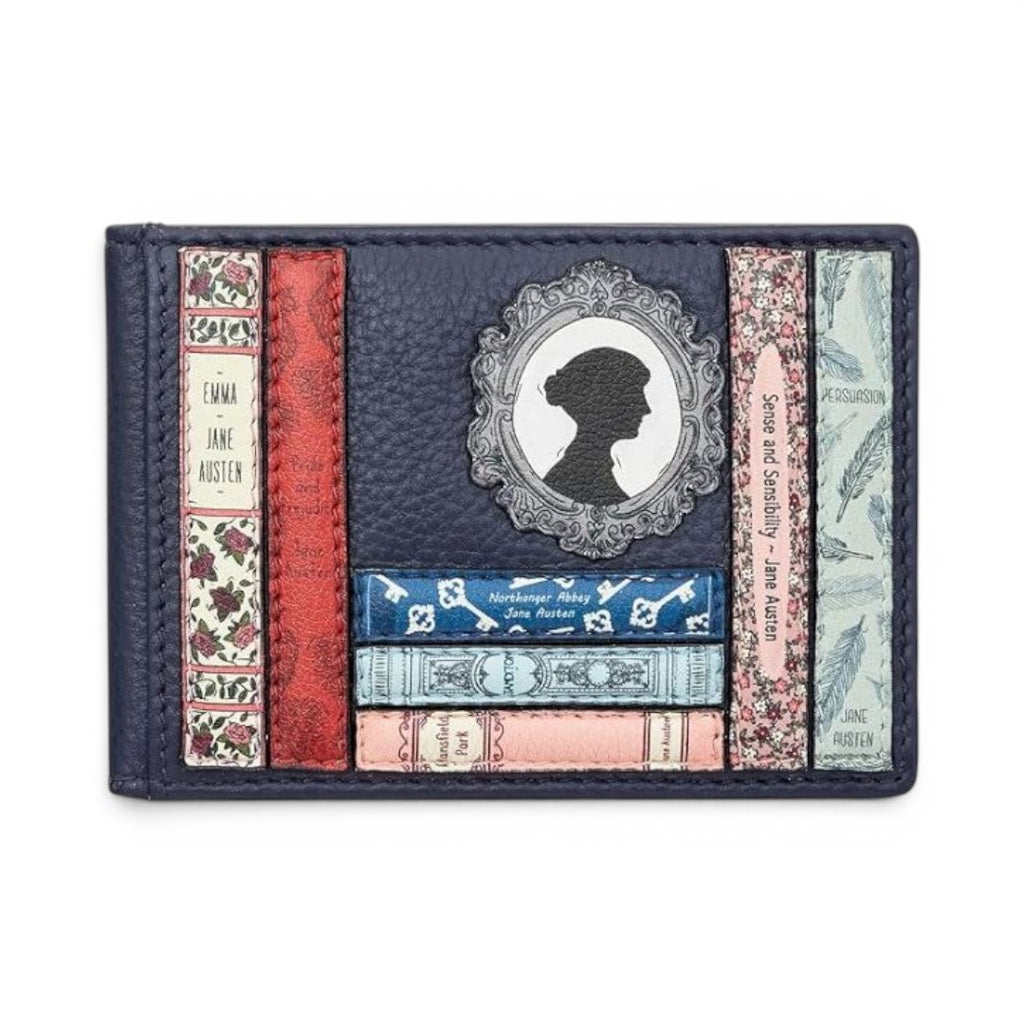 The Happy Shoe Shop navy leather travel pass holder with Jane Austen book spine appliques and cameo silhouette.
