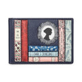 The Happy Shoe Shop navy leather travel pass holder with Jane Austen book spine appliques and cameo silhouette.