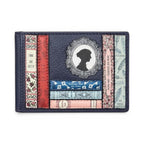 The Happy Shoe Shop navy leather travel pass holder with Jane Austen book spine appliques and cameo silhouette.