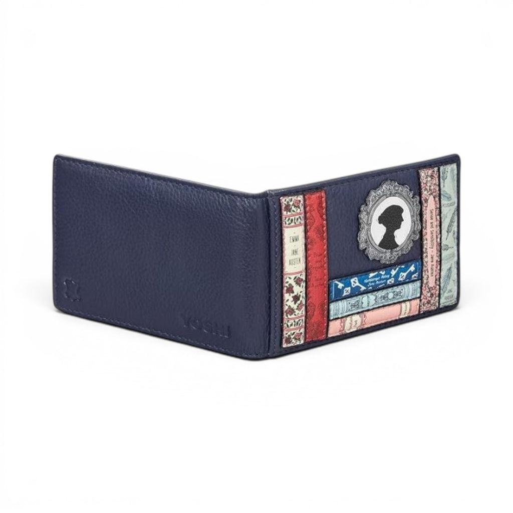 The Happy Shoe Shop navy leather travel pass holder with Jane Austen book spine appliques and silhouette portrait.