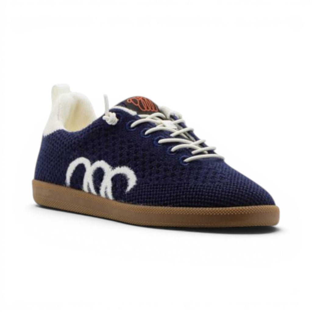 The Happy Shoe Shop Woolloomooloo Engadine navy blue knitted Merino wool sneaker with white elastic laces and gum sole.