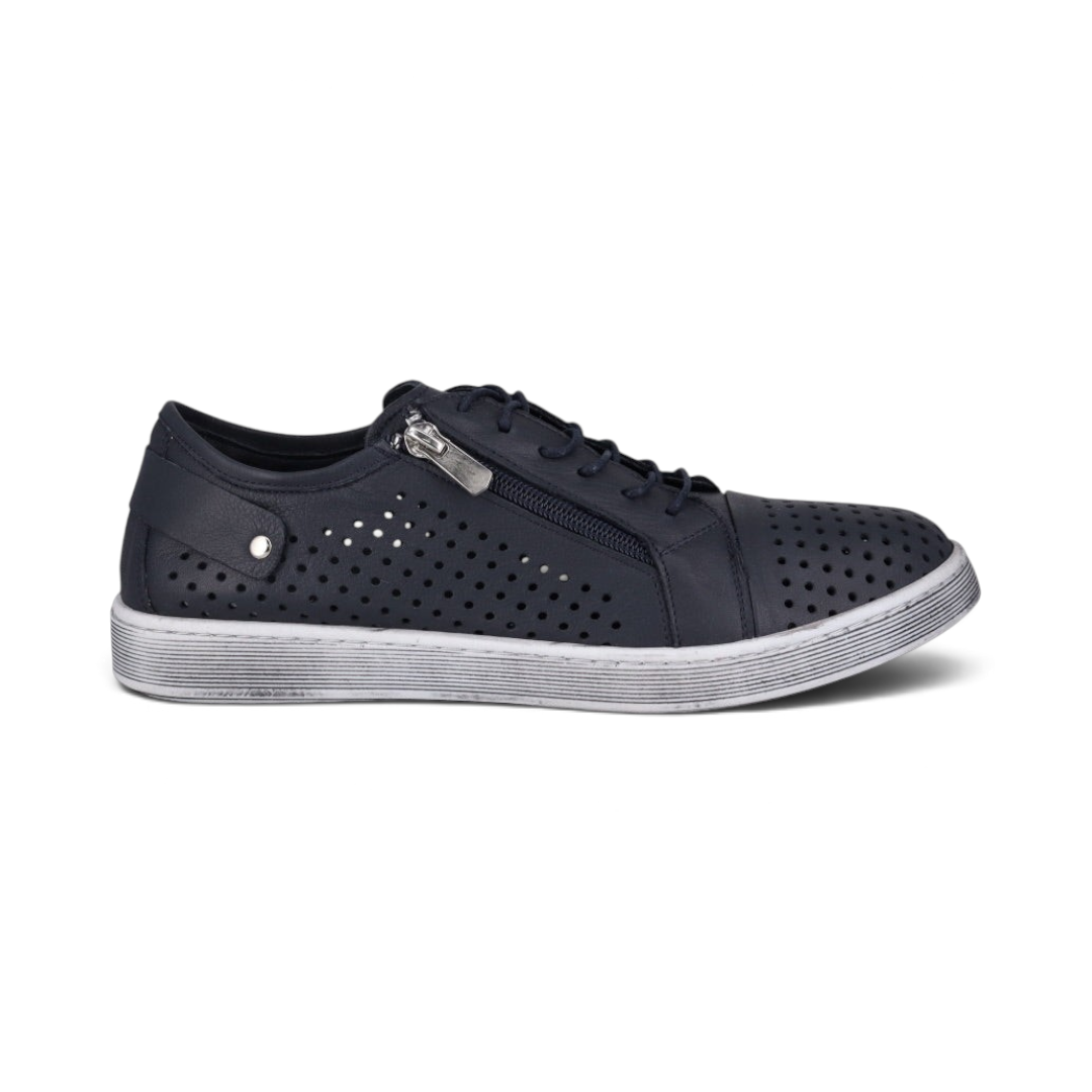 The Happy Shoe Shop Cabello EG17 navy blue leather perforated sneaker with side zip and lace-up closure