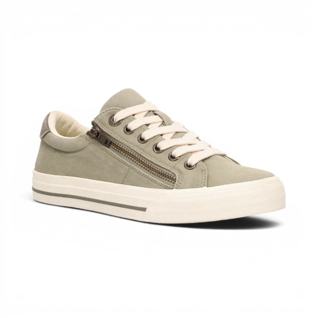 The Happy Shoe Shop Taos Z Soul olive green canvas sneaker with side zipper and white lace-up closure