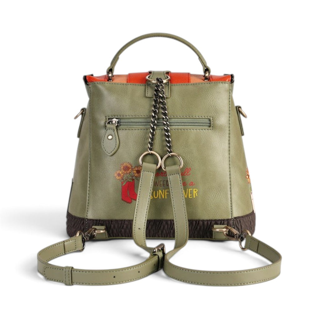 The Happy Shoe Shop Vendula London Lyla backpack in olive green vegan leather with back zip pocket and shoulder straps