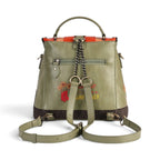 The Happy Shoe Shop Vendula London Lyla backpack in olive green vegan leather with back zip pocket and shoulder straps