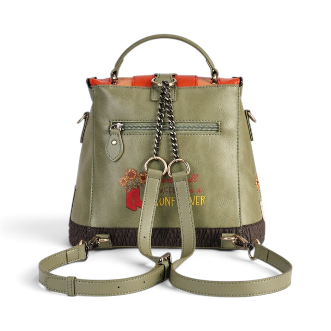 The Happy Shoe Shop Vendula London Lyla backpack in olive green vegan leather with back zip pocket and shoulder straps
