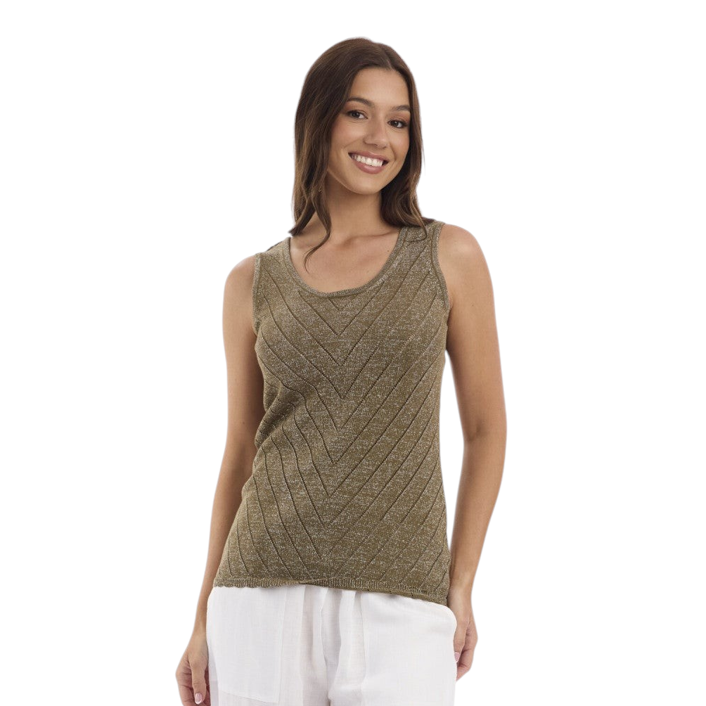Model wearing The Happy Shoe Shop Orientique Escape olive green chevron knit cami with lurex shimmer and white trousers
