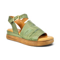 The Happy Shoe Shop Sala Positano olive green leather sandals with an ankle buckle and comfortable wedge sole.