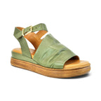 The Happy Shoe Shop Sala Positano olive green leather sandals with an ankle buckle and comfortable wedge sole.
