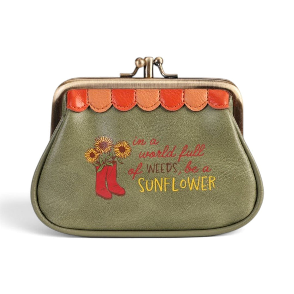 The Happy Shoe Shop Vendula London vegan leather coin purse in olive green with sunflower print and clasp closure.