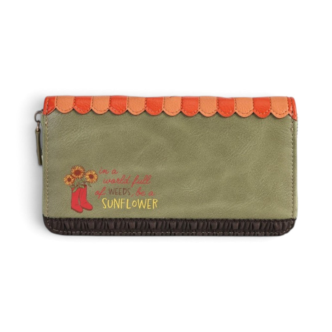 The Happy Shoe Shop Vendula London Flower Shop ziparound wallet in olive green vegan leather with sunflower motif.